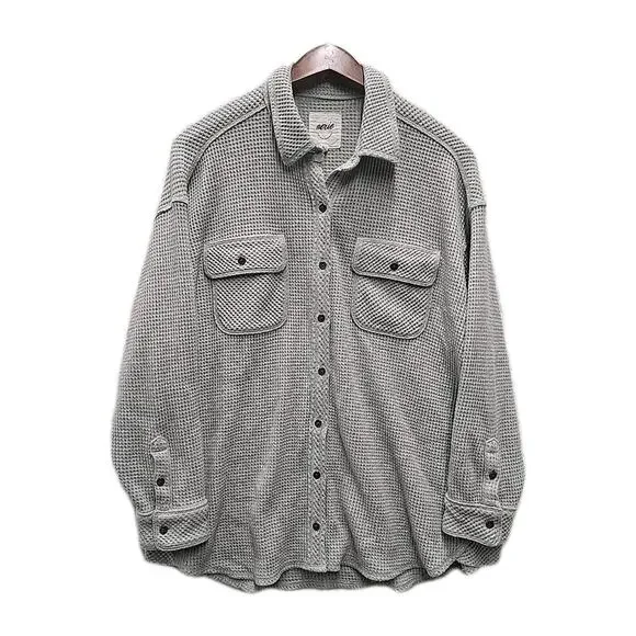 Aerie Womens Lumber Jane Waffle Shirt Shacket S Button Down Oversized Gray Cozy - Picture 1 of 7